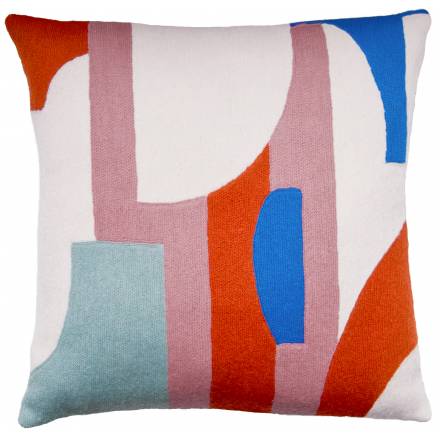 Judy Ross Textiles Hand-Embroidered Chain Stitch Composition Throw Pillow cream/dusty pink/coral/powder blue/marine